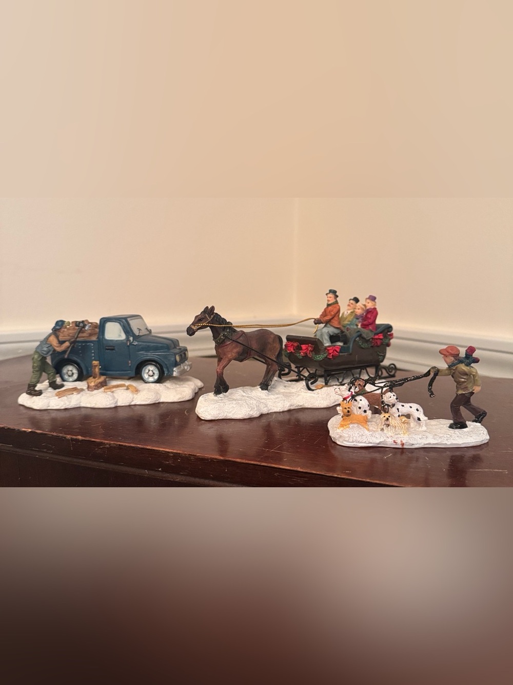 St. Nicholas Square Blue Truck, Brown Horse & Red-Accented Sleigh Village Set